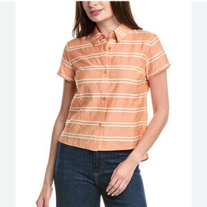 CAbi Camp Shirt pach/white stripe, curved hem, collared, button front size S